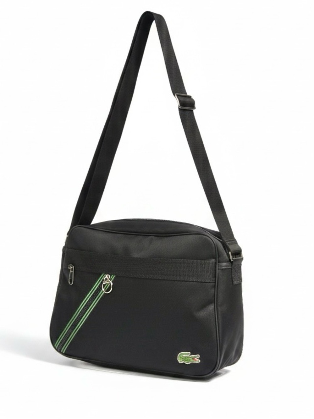 Lacoste Nylon Messenger Crossbody Notebook Shoulder Bag Zip Black Green Striped